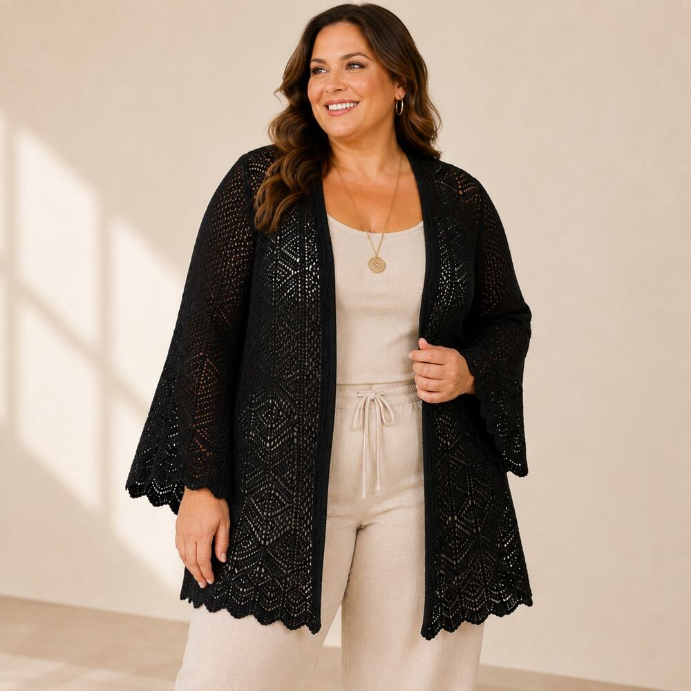 Roaman's Women's 22/24 Open Knit Cardigan Black Pointelle Sweater Plus Size Boho